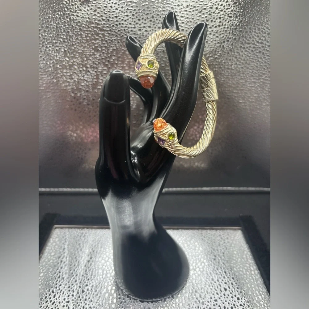 Silver Twisted Bangle with Citrine Gemstone Accents